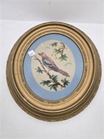 Vtg. Bird Needlepoint Oval  Picture