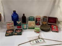Vintage band aid tins, glass bottles, pipe
