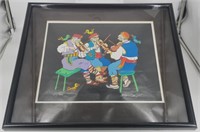 Signed Framed Lithograph of Jewish Fiddlers w Bird