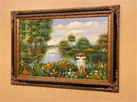 Lake and Flower Garden Framed Painting Art Piece