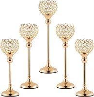 ECOM KING 5 Pcs Gold Crystal Candle Holders