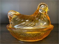 Vintage Amber Glass Hen On Nest Covered Dish