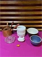 Milk Glass Hen on Nest, Wood Decorative Pots ++