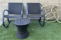 115 - PAIR OF PATIO CHAIRS & DRUM TABLE