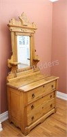 Antique Pine, 3 Drawer Dresser w Attached Mirror