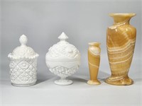 2) PIECES MILK GLASS & 2) PIECES ALABASTER VASES