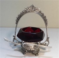 SILVER PLATE BASKET WITH RUBY GLASS INSERT