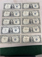 (10) one dollar silver certificate bills