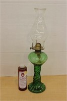 VINTAGE GREEN GLASS BASE OIL LAMP