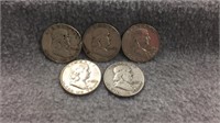 5 Franklin Half Dollars- Various Dates