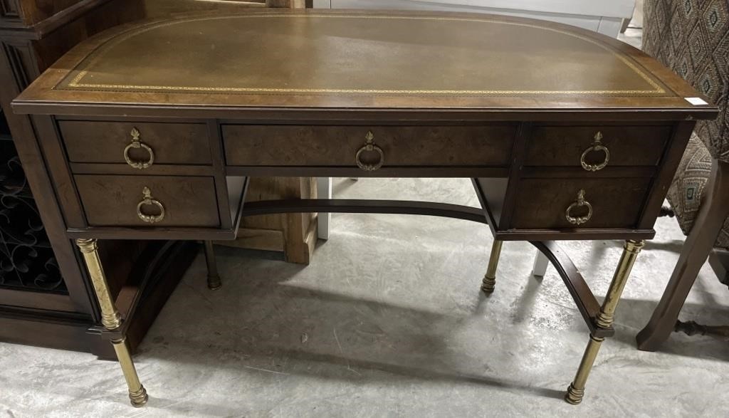 Sligh Burl Desk 5 Drawer , Leather Top , Brass