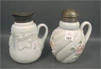 Two N'Wood Decorated Milk Glass Syrup Jugs