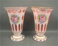 2 Bohemian White Overlay/ Cranberry Cut Vases