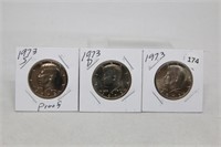 (3) Kennedy Half Dollars 1973 P,D BU and S Proof
