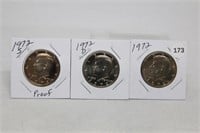 (3) Kennedy Half Dollars 1972 P,D BU and S Proof