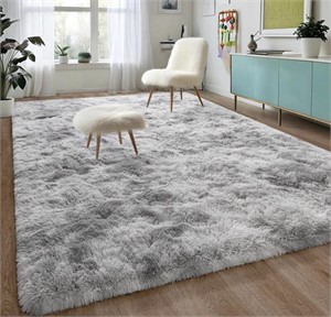 FLUFFY GREY AND WHITE AREA RUG 105IN X 72IN