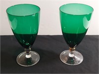 2pc Green On Clear Gilded Stem Goblets. The
