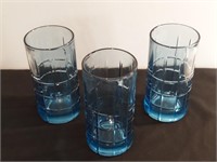 3pc Tartan Blue Drinking Glasses Anchor Hocking.