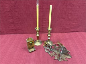 4 Items: Two Electrified Brass Candle Sticks, 25