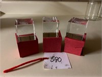 TRIO OF LASER PRINTED GLASS CUBES IN BOX