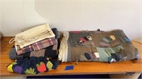 Heavy old quilts, sack with string , material and