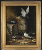 Clarence La Verne Butler, pigeons in barn, O/C.