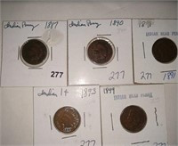 5 Mixed Date Indian Cents, one money