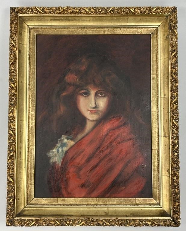 19th C. Oil Painting of Woman w/ Gold Gilt Frame.