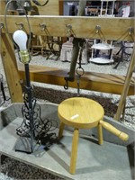 OAK STOOL & WROUGHT IRON TABLE LAMP