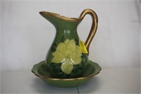 Vintage Green Pitcher with Yellow Flowers Bowl Set
