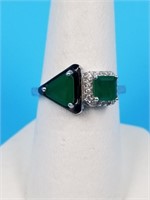 Sterling silver ring with emerald and CZ, size 8