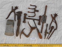 Assorted Cast Irons, Tools, Harbar Axe Head