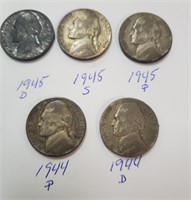 (5) War Nickels 3- 1945. 2- 1944