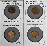 Four Indian Head Cents, Various Dates