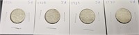 4 Canadian nickel 1922,1928,1929,1930