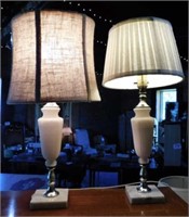 Pair of milk glass & marble table lamps marked