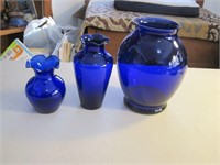 3 Blue Glass Vases