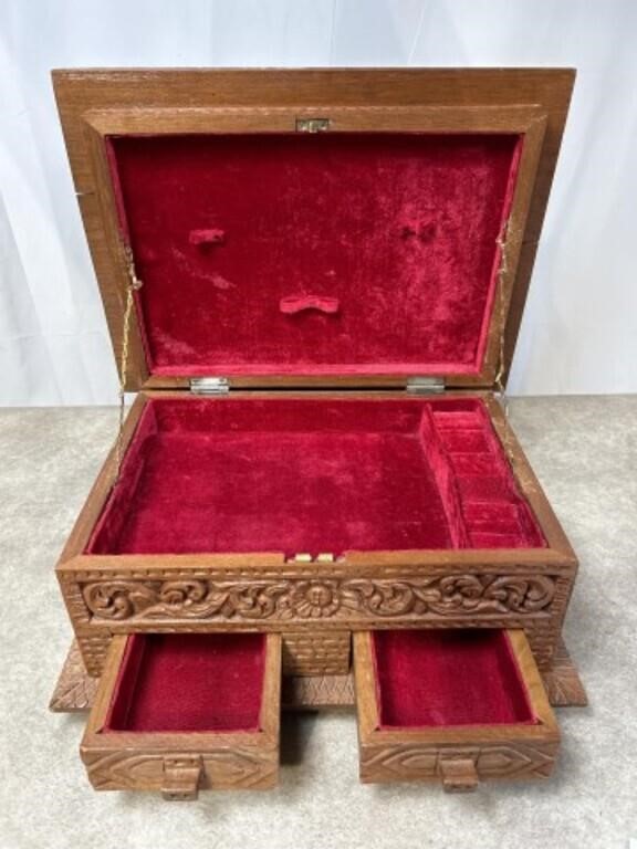 Antique hand carved wooden jewelry box, has some