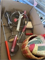 Box of vintage red handle kitchen tools and more