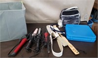 Lot of Curling Irons, Ladies Belts, Lunch Box &