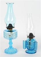 2- LIGHT BLUE OIL LAMPS, 1 HAS 3  MATCH HOLDERS