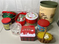 Lot of Assorted Baskets, Bins, & Holiday Tins