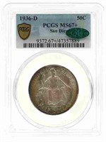 1936-D US SAN DIEGO 50C SILVER COIN PCGS MS67+