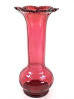 Blown Cranberry Glass Vase w Crimped Edge 14.5"H