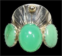 Sterling silver green cabochon three-stone ring