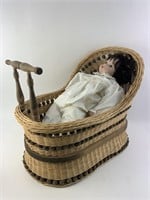 Vintage Doll W/Wicker Crib