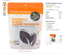 ELAN Organic Sun-Dried Thompson Raisins 225 Gram