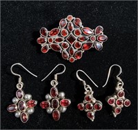 ABSTRACT STERLING GARNET BROOCH & EARRINGS SET