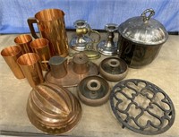 Copper pitcher and cups, tray with cream and