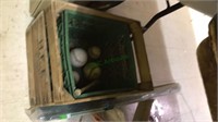Wood Apple crate with a milk crate some baseballs